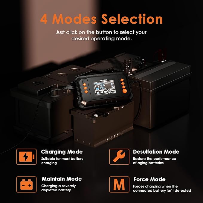 WAVLINK 450W Smart Battery Charger, Max. 35A Trickle Charger with LCD Display, for 6V/12V/24V Lead-Acid/Lithium/LiFePO4 Batteries, Battery Maintainer and Desulfurizer for Cars, Boats, Motorcycles