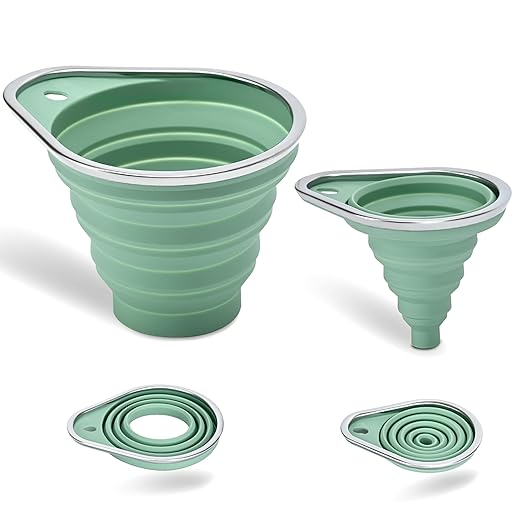 New Upgraded 2-Pack Silicone Collapsible Funnel Set with Stainless Steel Rim, Includes Large & Small Funnels for Filling Bottles,Canning,Dry & Liquid Ingredients (Green)