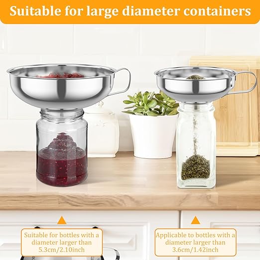 3-Piece Stainless Steel Canning Funnel Set with Strainer, Wide Mouth Mason Jar Funnels for Kitchen, Metal Funnel for Filling Bottles, Canning Supplies for Preserving, Dishwasher Safe