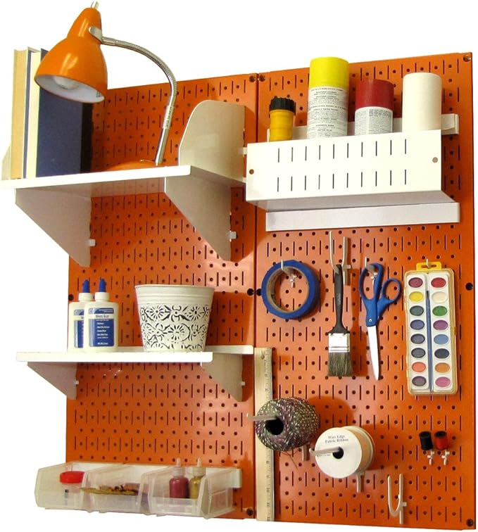 Wall Control Craft & Hobby Pegboard Organizer Storage Kit with Orange Pegboard and White Accessories