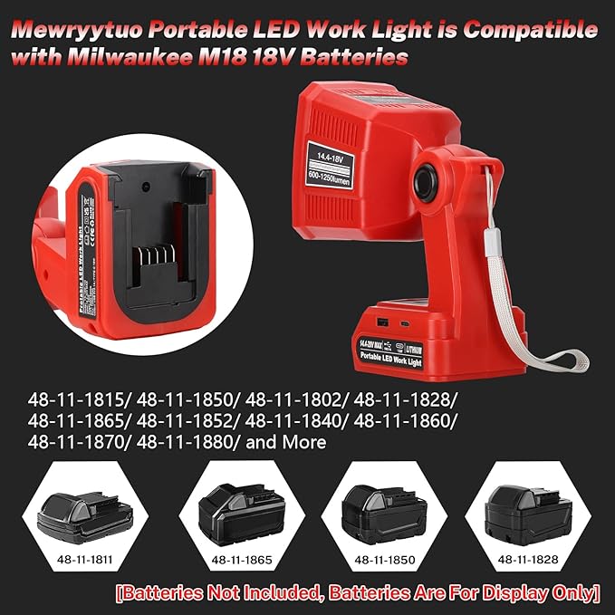 Flashlight Work Light for Milwaukee M18 18V Battery, 18W Work Lights with USB & Type-C Output, Portable Flashlight 1250LM Spotlight & Floodlight 2-1 for Home & Garage Repair (No Battery)