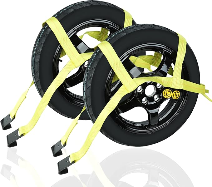 Set of 2 Tow Dolly Straps with Flat Hook, Yellow Basket Strap, Fits Most 16-20" Tires Webbing Ratchet Straps 10000 lbs Breaking Strength