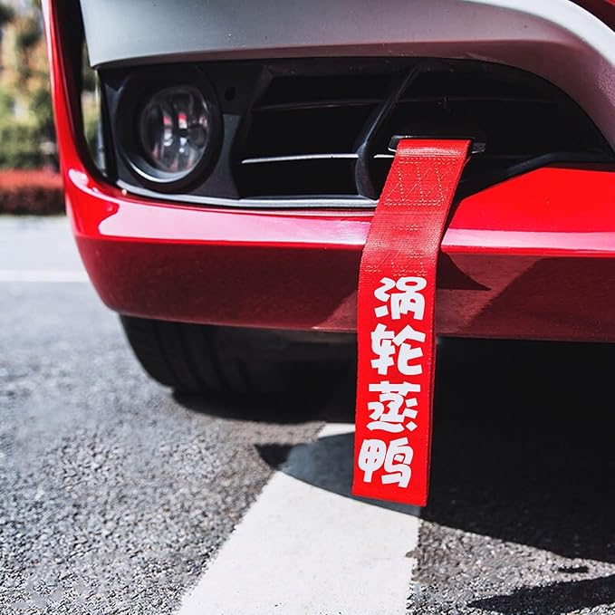 x xotic tech Tow Strap JDM Sports Red Racing Tow Strap Car Modification Decorative Trailer Belt Personalized with Chinese Slogan Fit for Rear Front Bumper (Turbo Charged)