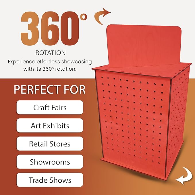 TORCHED DISPLAYS Rotating Display Stand | 22.5 x 16.76-inch | Rotating Organizer Wood Pegboard | Pegboard Display Stand for Craft Shows, Vendor Events, Jewelry, Accessories | Red