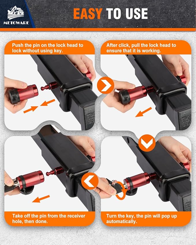 METOWARE Trailer Hitch Lock, Tailer Receiver Lock Fits Class III/IV, 2", 2-1/2" Hitch Receiver with 5/8" Dia Pin and 8 Rattle Rubber O-Rings, for Trailer, Truck, Car, Boat (Red, 2 Pack)