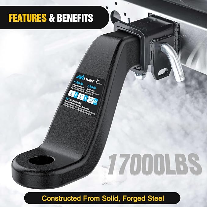 Nilight Forged Trailer Hitch Mount Fits 2 Inch Receiver Square 5/8" Hitch Pin Clip 17000 lbs 6" Drop, 1-1/4” Hole, Gloss Black Powder Coat