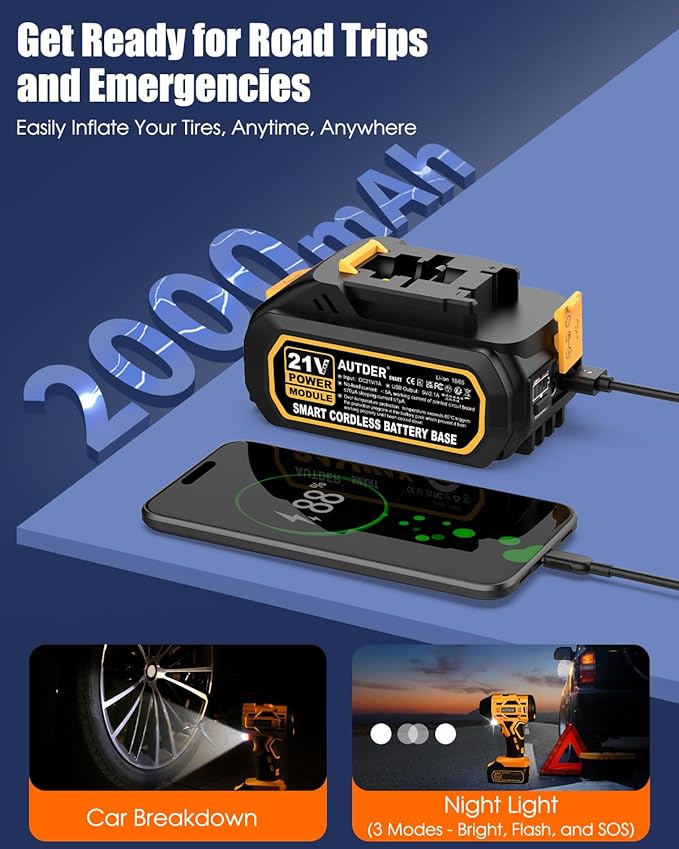 AUTDER Cordless Tire Inflator, 180PSI Portable Air Compressor with 21V Rechargeable Battery & 12V DC Car Adapter, Fast Inflation Digital Pump for Cars, Motorcycles, Bikes & Sports Balls - Black Yellow