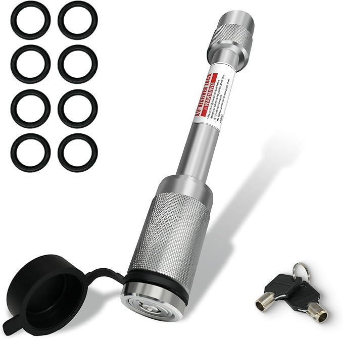 TYT Trailer Hitch Lock for 2" Receiver, Class III/IV, 5/8" Dia x 4" Extra Long Hitch Pin, Anti-Theft Trailer Receiver Lock with 2 Keys & 8 O-Rings (Silver)