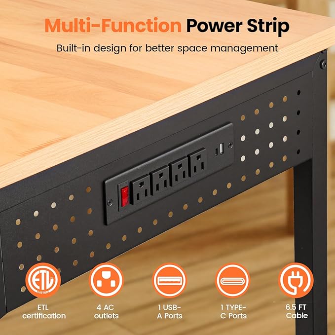 48" Adjustable Heavy Duty Workbench - 2000LBS Load Capacity Wood Work Table with Power Strip, Pegboard with 6 Hooks - Ideal Workbench for Garage, Workshop, Office, Home, Commercial Use