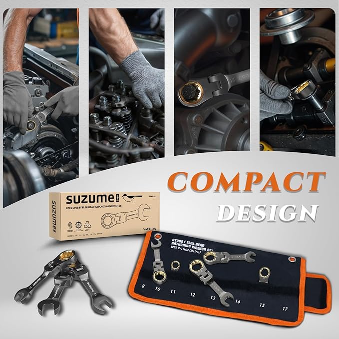 SUZUME Stubby Wrench Set 8PCS Metric (8-17mm) 180° Flexible Head 10K Gear Cycles Tested 90-Tooth CR-V Steel for Tight Engine Bays & with Motorcycle Repair with Rolling Pouch