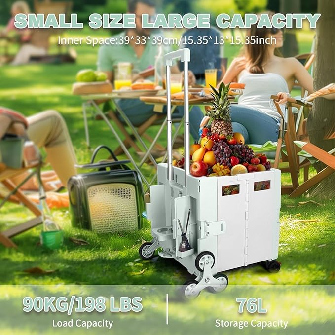 FELICON Folding Climber Utility Cart Rolling Crate Tote on Rotate Wheels with Adjustable Handle Hidden Lid Cup Holder Storage Bin for Teacher Office File Move Shop Travel Laundry Grocery(Green White)