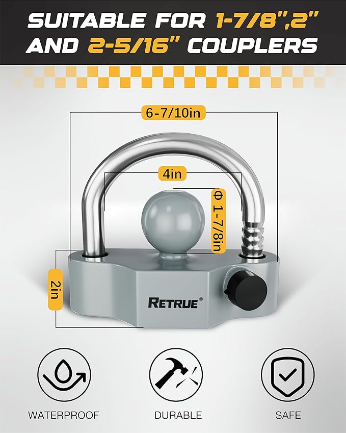 RETRUE Universal Coupler Lock Trailer Locks Ball Hitch Trailer Hitch Lock Adjustable Security Heavy-Duty Steel Fits 1-7/8 Inch, 2 Inch, 2-5/16 Inch Couplers (Gray & Silver, Pack of 2)