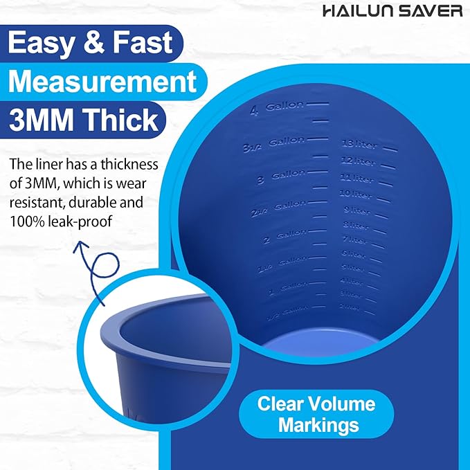 Reusable Silicone 5 Gallon Bucket Liner with Graduated Measurements - Leakproof Thinset, Grout, Concrete Mixing Pail Liner - Heavy-Duty Bucket Saver Accessory (Blue)