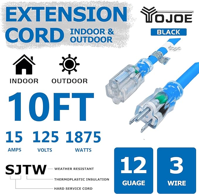 YOJOE Indoor Outdoor Extension Cord with Lighted End, 3 Prong 15A Weatherproof Power Cord, 12 Gauge Heavy Duty 10 ft Blue Extension Cord for Garage, Garden and Home, 12/3 SJTW UL Listed