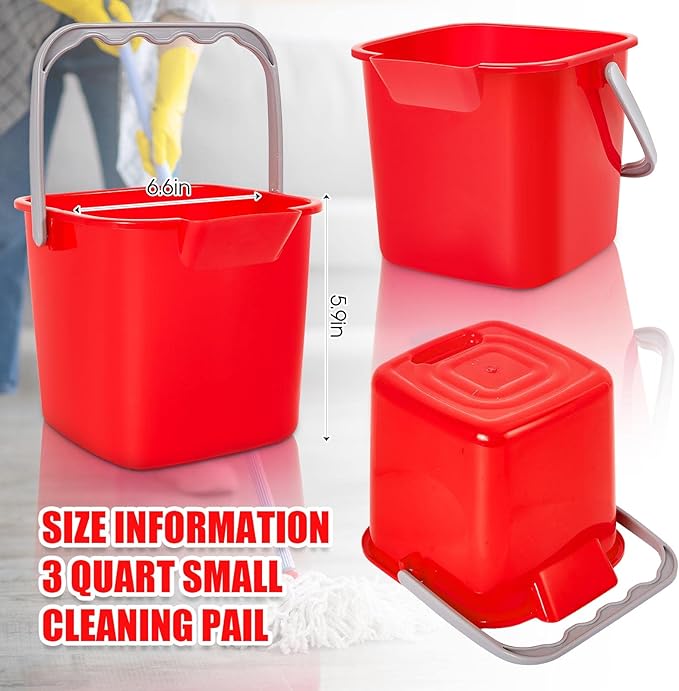 Irenare 16 Pcs Sanitizing Bucket 3 Quart Cleaning Pail Small Detergent Square, Spout and Handle Plastic Utility Sanitizer Buckets for Restaurant Kitchen Home Offices (Red)