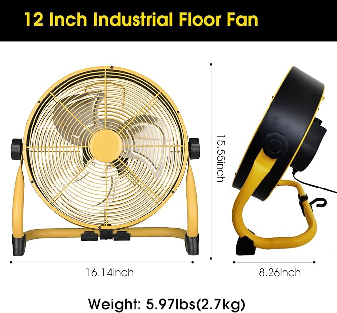 12 Inch High Velocity Floor Fan, Heavy Duty Metal Industrial Fans with 3 Speeds, Portable Fan with Adjustable 360° Head Tilt