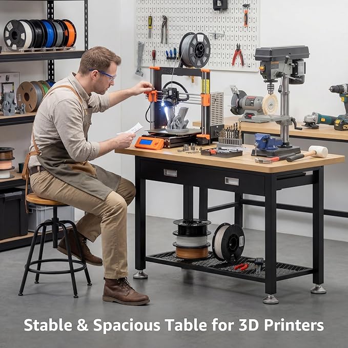 47.2" Heavy Duty Work Bench with Drawer and Storage for Garage, Small Wood Top and Metal Work Table for Crafts, 3D Printer Reloading Bench, Tool Chest Workbenches Crafting Table Working Station