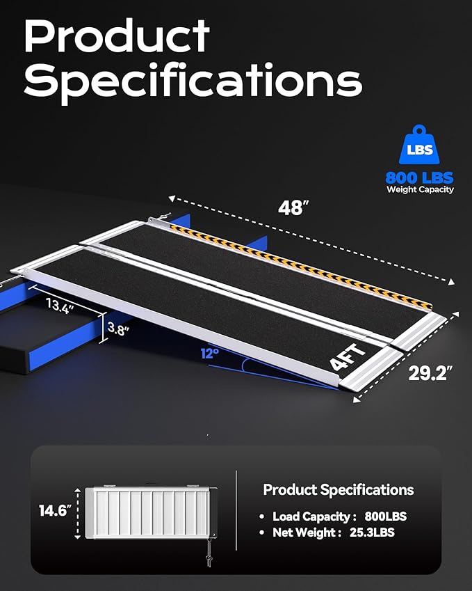 Wheelchair Ramp 4ft, Non-Skid Aluminum Portable Ramps for Wheelchairs for Home Steps, 800 LBS Capacity Wheel Chair Handicap Ramp for Entry, Doorway, Homes, Stairs 48" Lx 29.2" Wx2H