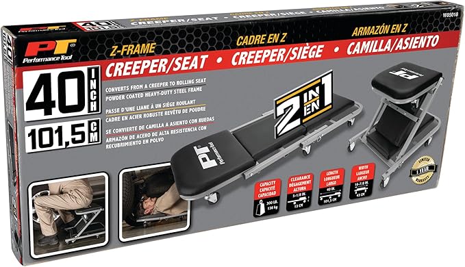 Performance Tool W85018 40-Inch Folding Creeper Rolling Seat, All-in-One Adjustable Roller Garage Chair, Lay Down or Sit, 330LBS Capacity Under Car Roller Creeper with 6 Swivel Casters