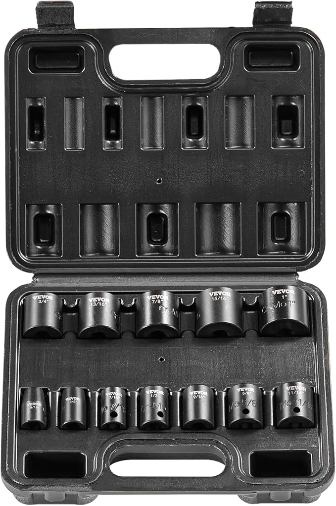 VEVOR 3/8" Drive Impact Socket Set, 12 Piece Shallow Socket Set SAE 5/16"-1", 6 Point Cr-Mo Alloy Steel for Auto Repair, Easy-to-Read Size Markings, Rugged Construction, Includes Storage Case