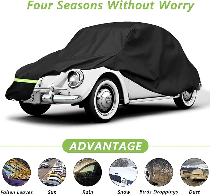 YIXIN Waterproof Car Covers for 1960-1980 Volkswagen Beetle Bug Sedan 2-Door Saloon Car Covers 190T Covers Customer Fit 100% Waterproof Windproof Strap & Double Door Zipper Up to 167” L (Black)