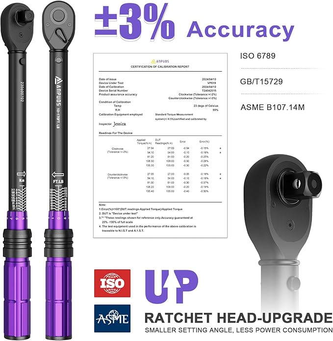 1/2 Inch Drive Click Torque Wrench,10-170 Ft-Lb/13.6-230.5 Nm, Dual-direction Adjustable Torque Wrench with Dual Range Scales, 72 Tooth, ±3% High Precision for Moto, Car Maintenance