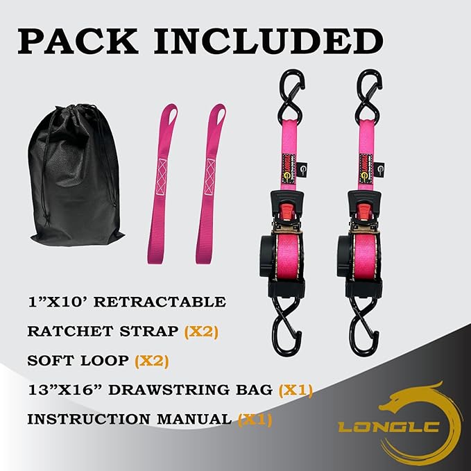 2-Pack Retractable Ratchet Straps Pink Heavy Duty - 1 Inch X 10Feet with Soft Loops, 2,000lbs Breaking Strength - Best for Trucks, Cargo Trailer, Motorcycle, Tie Down Straps Ratchet