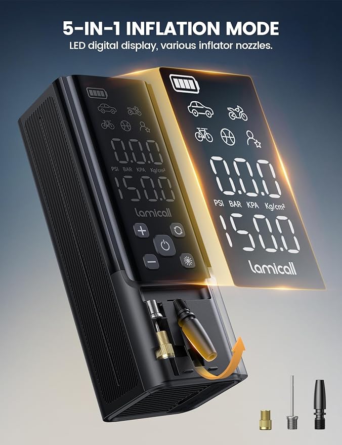 Lamicall Portable Car Tire Inflator - Air Compressor [150 PSI] [4X Faster] Cordless Car Air Pump Rechargeable, Pressure Gauge Display, LED Light, for Cars, Motorcycles, Bike, Wheels Accessories Gifts