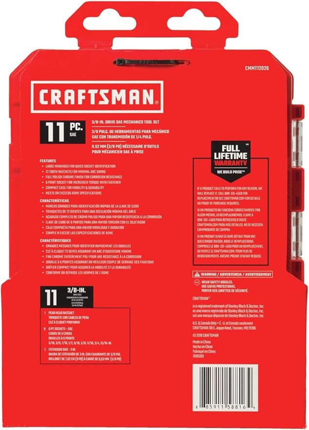 CRAFTSMAN Socket Set with Ratchet, SAE, 3/8" Drive, 11-Piece Set with Case (CMMT12027)