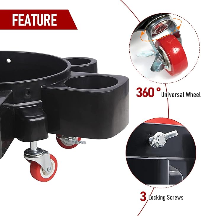 Bucket Dolly w/Grit Trap,5 Gallon Car Wash Bucket Roller with 5 Rolling Swivel Casters,Heavy Duty Rolling Bucket Dolly Removable Bucket Mover for Car Washing Detailing Smoother Maneuvering (Black)