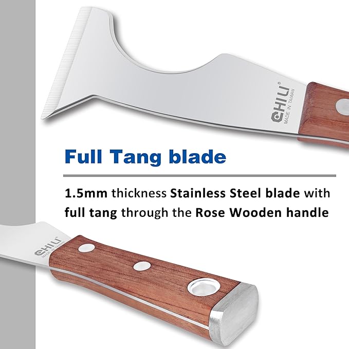 CHILI TOOLS Stainless Steel 5 in 1 Painters Tool with Wood Handle and Metal Hammer End, Made in Taiwan | Spackle Caulk Remover | Roller Cleaner | Putty Knife | Wallpaper Scraper | Can Bottle Opener