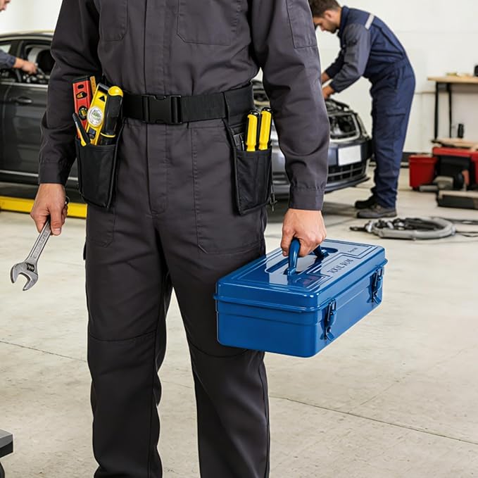 Portable Steel Tool Box, 16 Inch Metal Tool Organizer Box with Double Latch Closure and Handle, Heavy Duty Storage Toolbox Chest for Workshop, Garage, Warehouse, Household, Blue