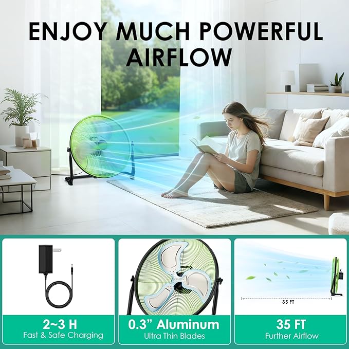 20'' Large Battery Fan, Portable Cordless Camping Fan, Rechargeable Battery Floor Fans, 360° Tilt, Wireless, USB Output, for Home Office Gazebo Greenhouse Outside Gym