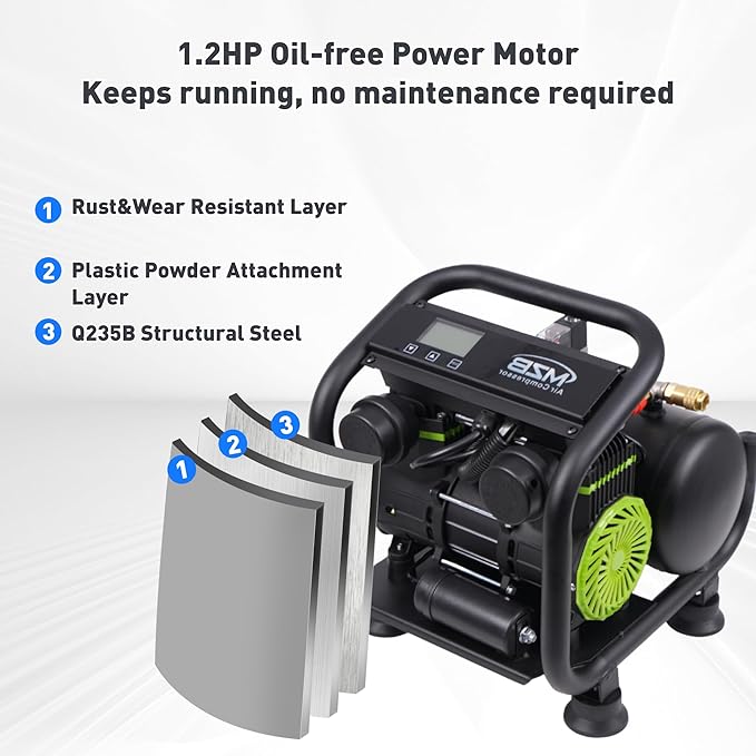 MZB Ultra Quiet Air Compressor 110V/60Hz MAX 115PSI Steel Tanks Oil-Free 70dB Noise Level Air Compressor with Wheels for Spray Painting, Auto Repair, Carpentry Decoration (1.6 Gallon)