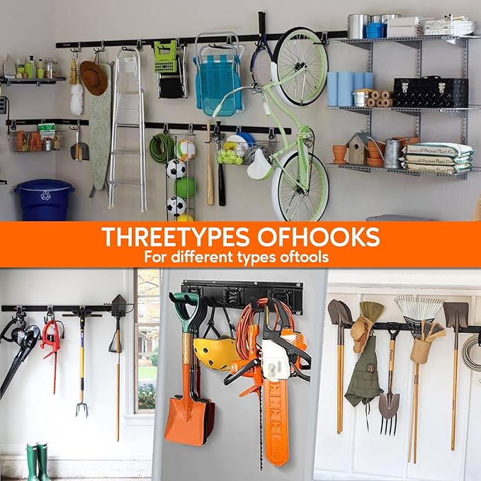 Garage Hooks Heavy Duty Tool Organizer (4 Pack) 12.4" Wall Mount Hanger Rack Garage Storage Utility Hooks for Hanging Car Tires, Ladders, Chairs, Hoses, Power Tool, Bulk Items, Ropes, etc.