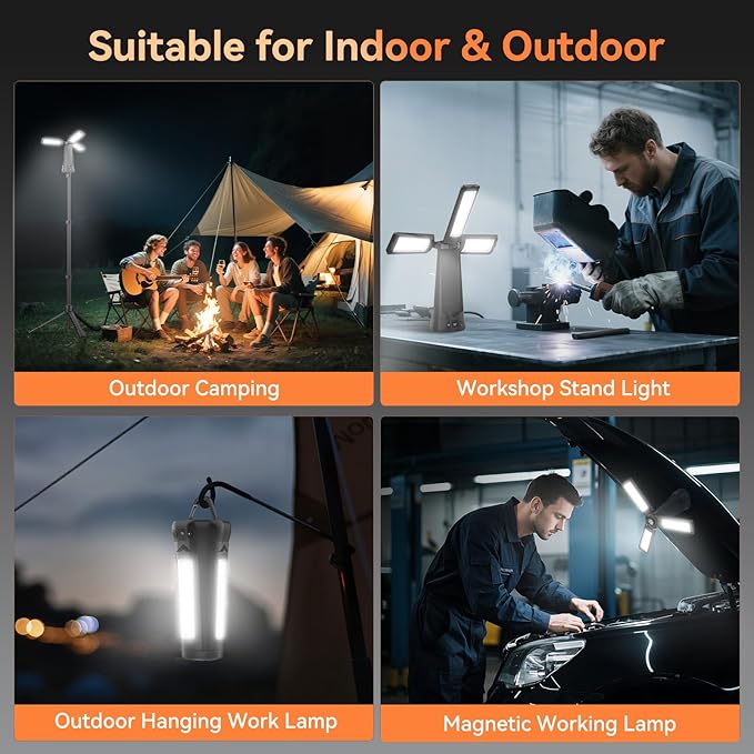 Rechargeable Camping Light with Stand 7 ft Max Height, 15000mAh Portable Cordless LED Work Light, 5500 Lumen 6500/4500/3500K Dimmable Emergency Flashlight with Detachable Tripod, Black