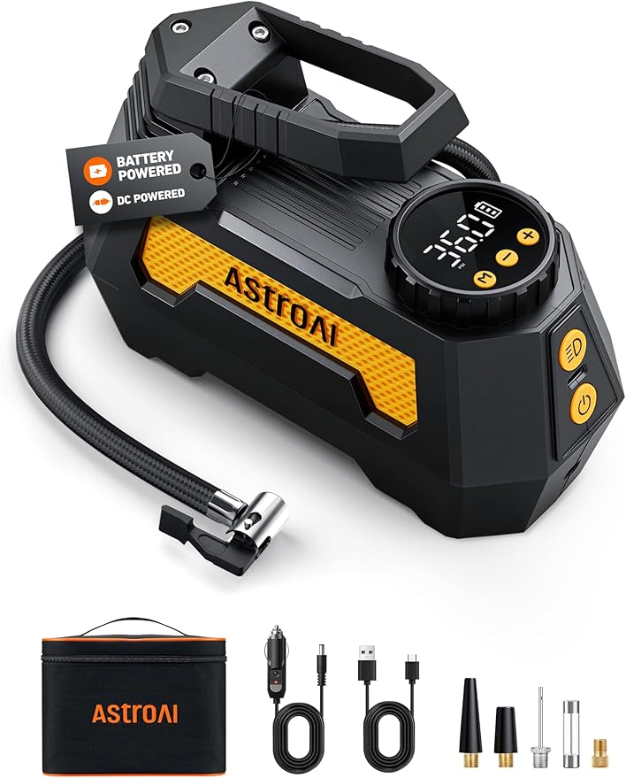 AstroAI H2 Pro Tire Inflator Portable Air Compressor Fully Upgraded Cordless Tire Inflator with DC 12V & Battery Dual Power Supplies Fast Inflation Air Pump for Car Tires Motorcycles Yellow