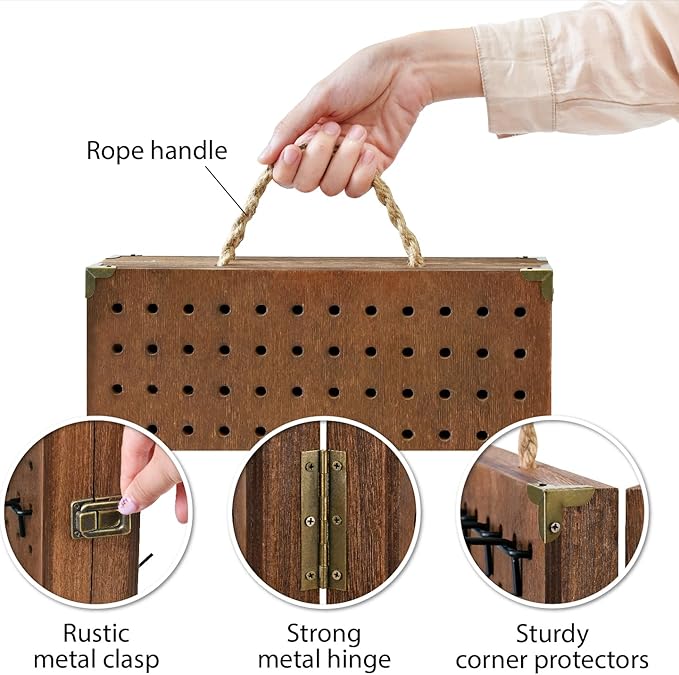 MOOCA Wooden Foldable and Portable 2 Panel Pegboard Jewelry Display Organizer with 48 Removable Black Metal Hooks & Convenient Rope Handle for Easy Carrying, Dual-Sided Panels for Hanging, Brown Color