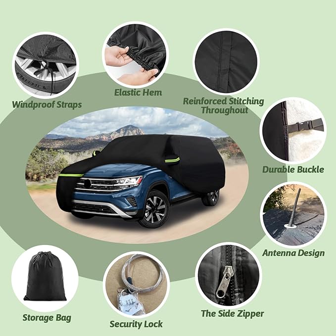 for VW Atlas/Cross Sport (2017-2025) Waterproof Car Cover, 6 Layers 210T Sun Rain UV Dust Snow Protection Outdoor Atlas Full Car Cover with Windproof Gust Strap and Zipper Door-Black