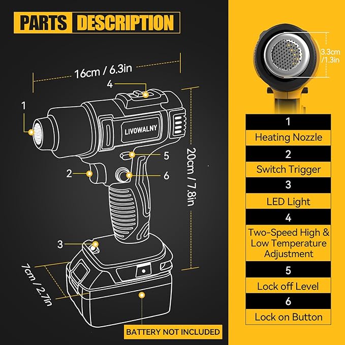 LIVOWALNY Cordless Heat Gun Compatible with Dewalt 20v Battery (No Battery), 350W Fast Heating Soldering Hot Air Gun 122℉-1022℉ Variable Temperature Control with 5 Nozzles for DIY Craft, Shrink Tubing