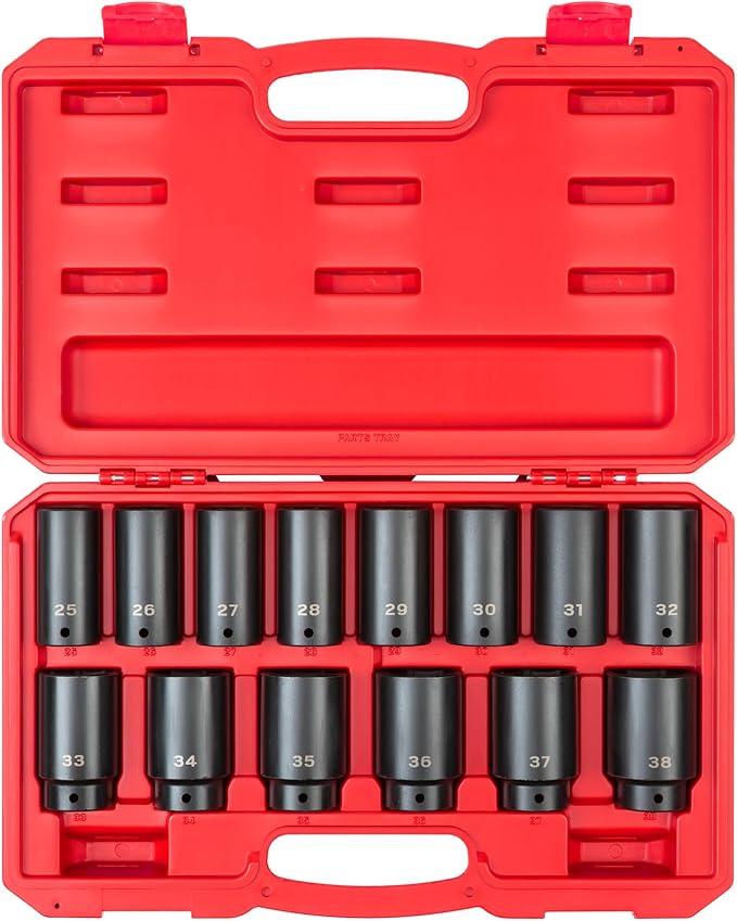 TEKTON 1/2 Inch Drive Deep 6-Point Impact Socket Set with Case, 14-Piece (25-38 mm) | SID92333