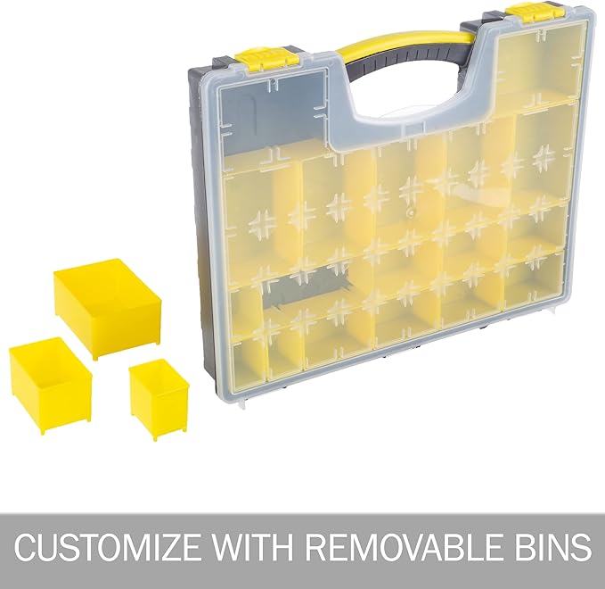 Storage Organizer Tool Box Set - Set of 4 Plastic Clear Top Parts, Craft, and Hardware Organizers with 3 Sized Compartments by Stalwart (Yellow/Black)