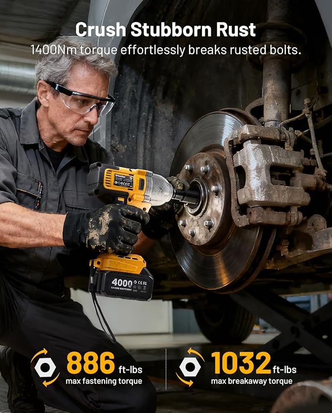 1/2" Cordless Impact Wrench, 1400N·m(1032ft・lbs) Brushless High Torque Impact Gun, Electric Impact Driver, 2x4.0Ah Batteries, LED Light, Charger, 6 Sockets, 3 Variable Speeds for Car/Pickup/Mower