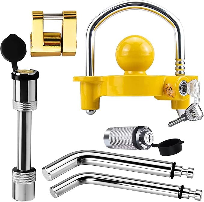 Funmit Trailer Hitch Security Lock Set Including Yellow U-Shaped Universal Ball Hitch Lock, 1/2" and 5/8" Receiver Hitch Pin Lock, Golden Trailer Hitch Lock Coupler Locking Pin, Share the Same 2 Keys