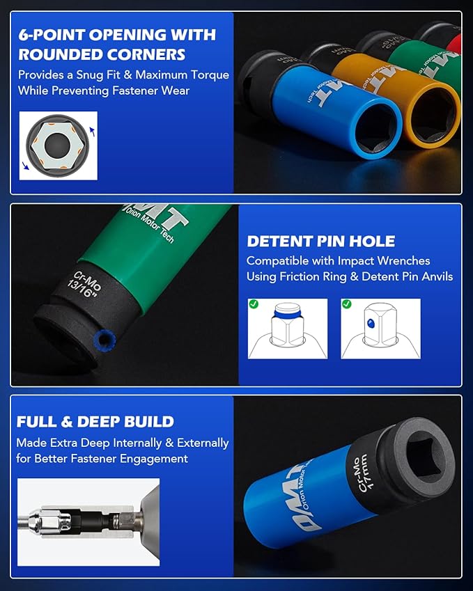Orion Motor Tech 1/2" Drive Lug Nut Socket Set, Metric 17 19 21 mm & SAE 13/16 7/8 in. Wheel Socket Set, 5pc Impact Lug Nut Socket Set, Thin Wall Lug Nut Sockets with Colored Protective Covers