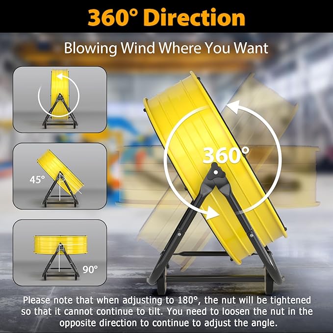 LifePlus 30'' Large Industrial Fan,14000 CFM High Velocity 3-Speed Heavy Duty Metal Air Circulator with 360° Tilt, Casters Handle, Ideal for Warehouse, Factory Workshops, Patios, Garage, Yellow