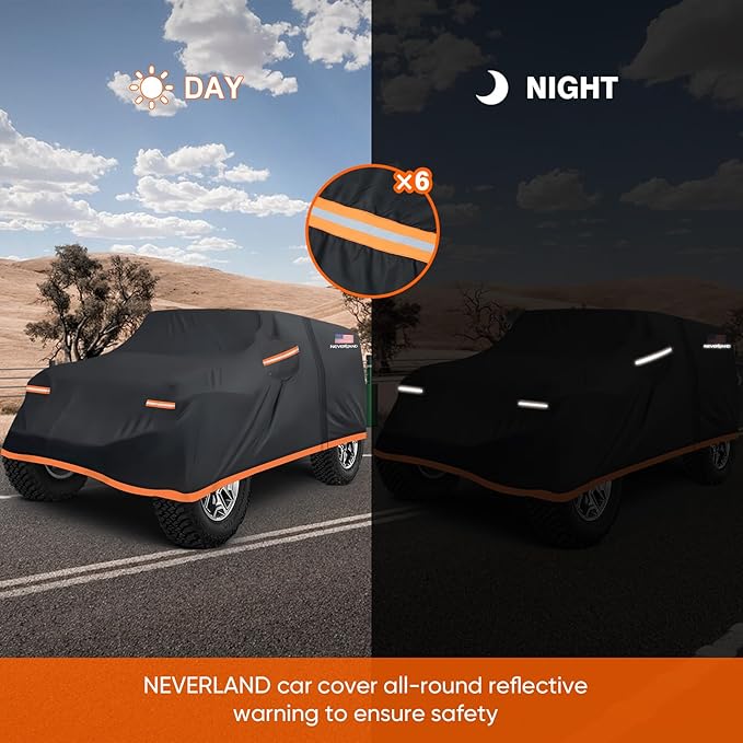 NEVERLAND Car Cover for Jeep Wrangler 2 Door Waterproof Car Covers, All Weather Protection Jeep Sun Rain Protection for Wrangler 2 Fits JK JL 2007-2025 Outdoor Covers (Black+Orange)