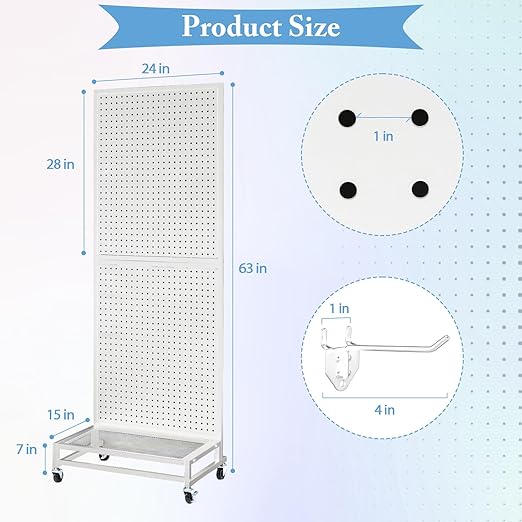 NectaCol Metal Pegboard Display Stand with Base Plate, Two Separately Pegboard Panels, 2'x 5' Standing Pegboard Display with four Wheels, Peg Board Display Rack, Extra 30 pieces Hooks (White)