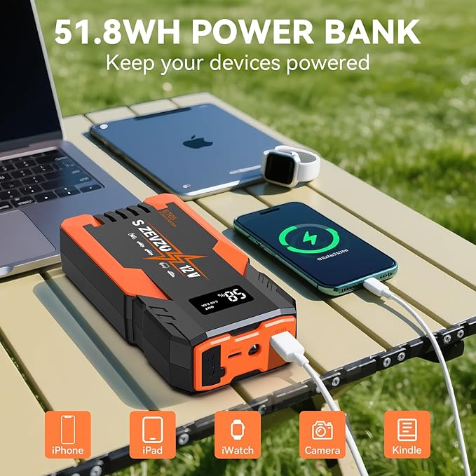 S ZEVZO ET05 Jump Starter 3000A Portable Car Jump Starter Battery Pack (7.2L Gas/ 5.5L Diesel), 51.8Wh 12V Jump Box with USB Ports, LCD Display and 3 Modes Flashlight