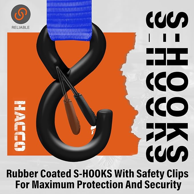 Haccoplanet Ratchet Tie Down Straps, 2340lb Break Strength, 4pc 1inch x 16FT Ratchet Strap Set with Padded Handles & Coated S Hook W/Safety Clip, Cargo Strap Tie-Down for Motorcycle, Truck (Blue)